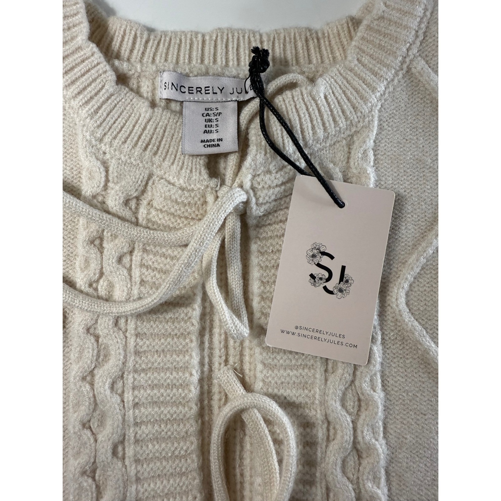 Sincerely Jules Floral Embroidered Cable Knit Tie Front Sweater Vest Cream S Nwt — image 5 of 8